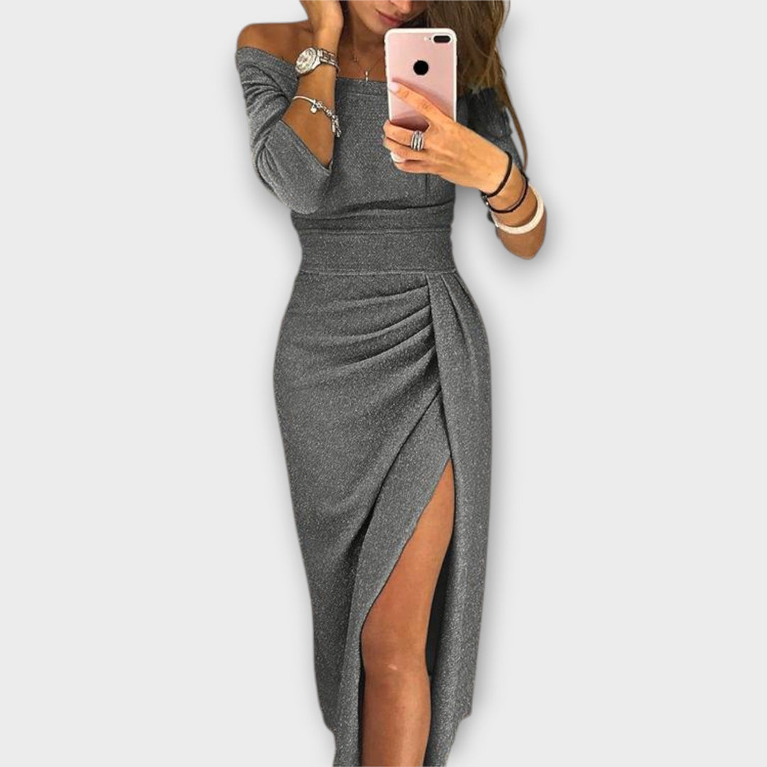 Minjee -  Off Shoulder Ruched Midi Split Dress
