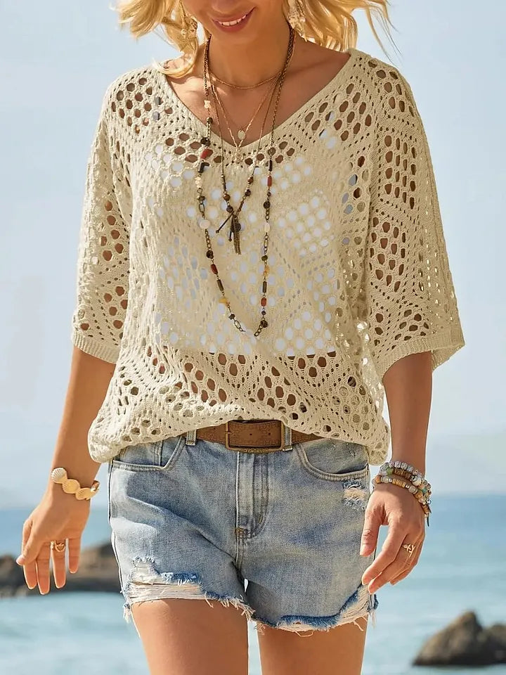 Raissa - Knitted V Neck Openwork Beach Top