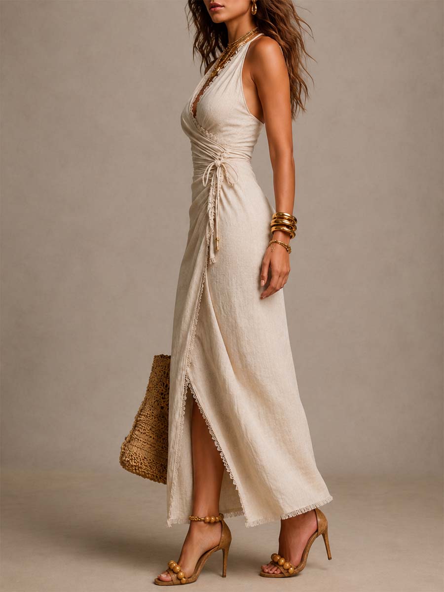 Szarlota | Wrap V-Neck Sleeveless Midi Dress