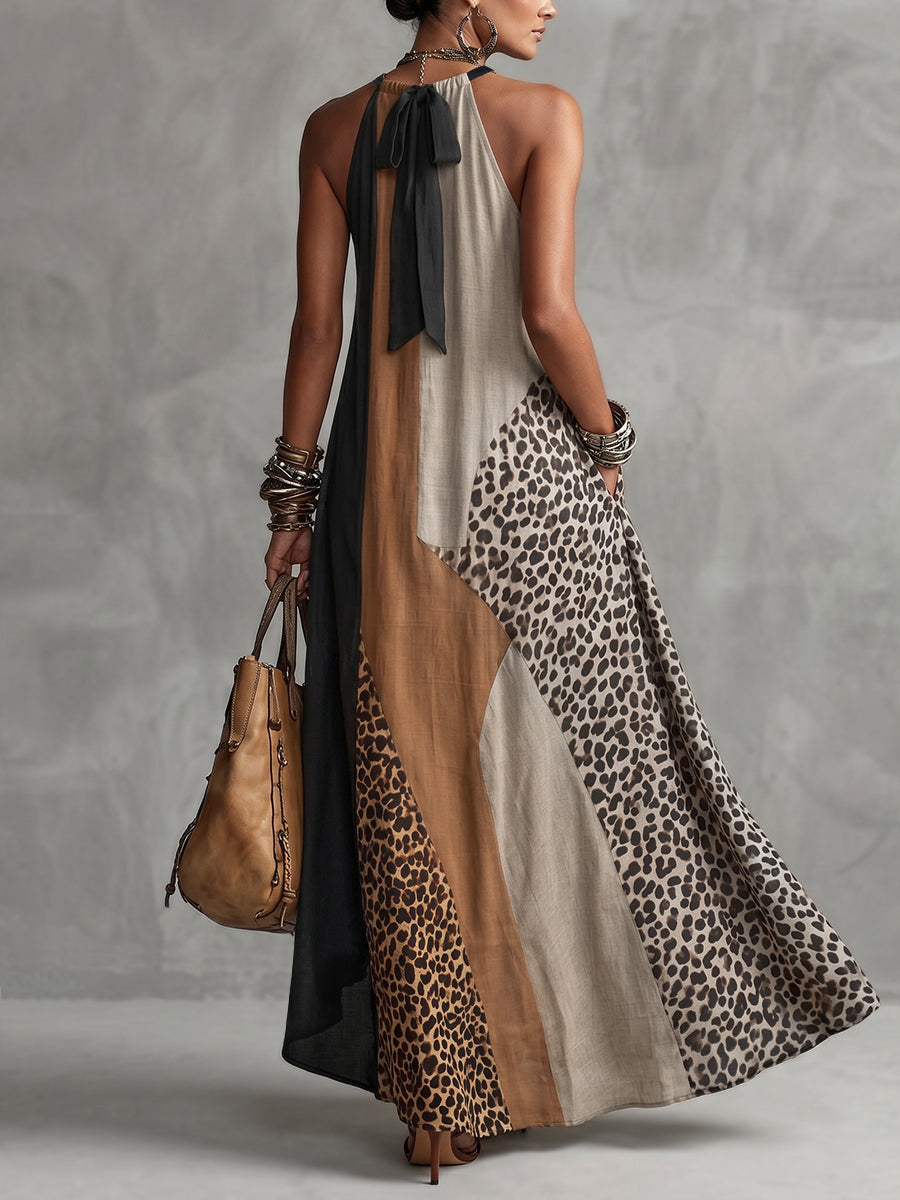 Ida | Halter Maxi Dress with Leopard Print Panels