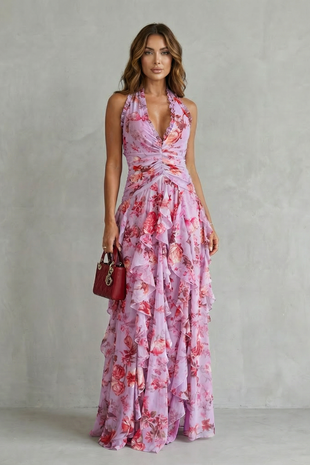 Eliora | Floral Halterneck Ruffle Maxi Dress