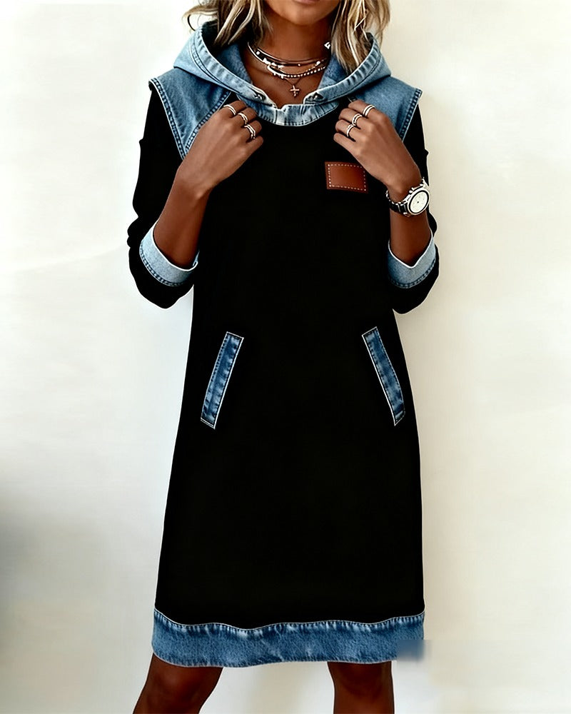 Viktoria - Hooded Denim Insert Midi Dress