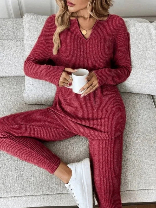 Renfri | Ribbed V-Neck Long-Sleeve Two-Piece Set