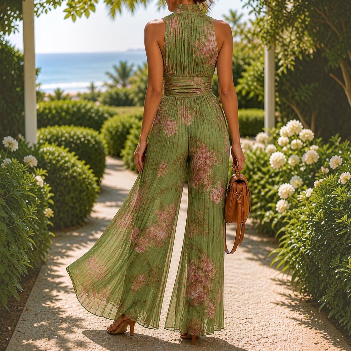 Lizzi | Floral Pleated Halterneck Wide Leg Jumpsuit