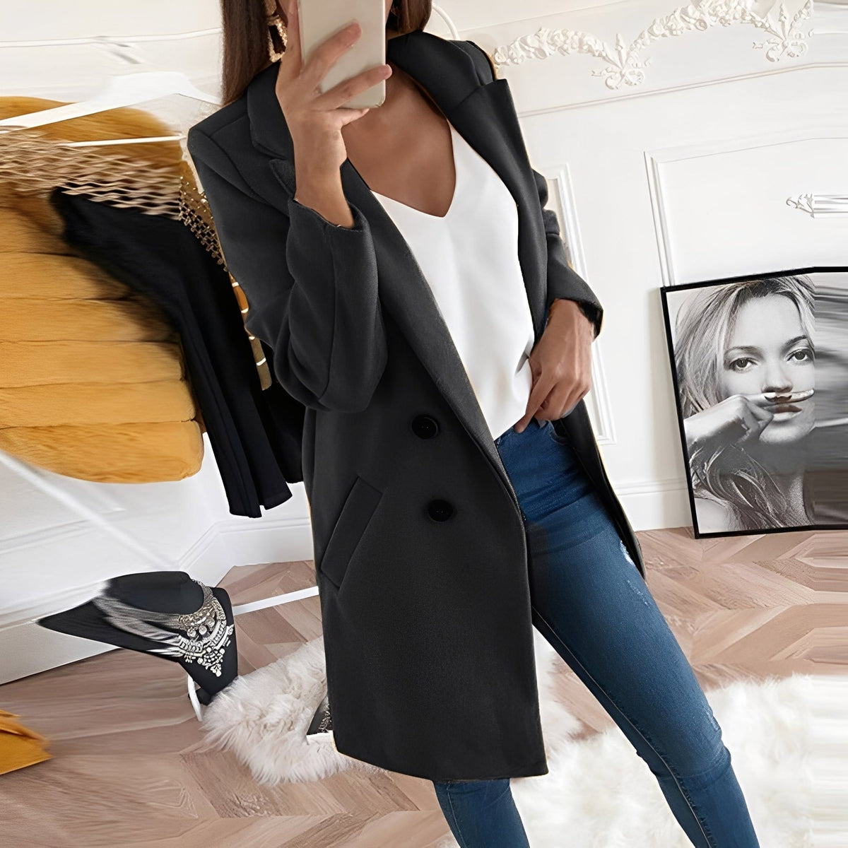 Casey | Thigh Length Coat with Notched Lapels