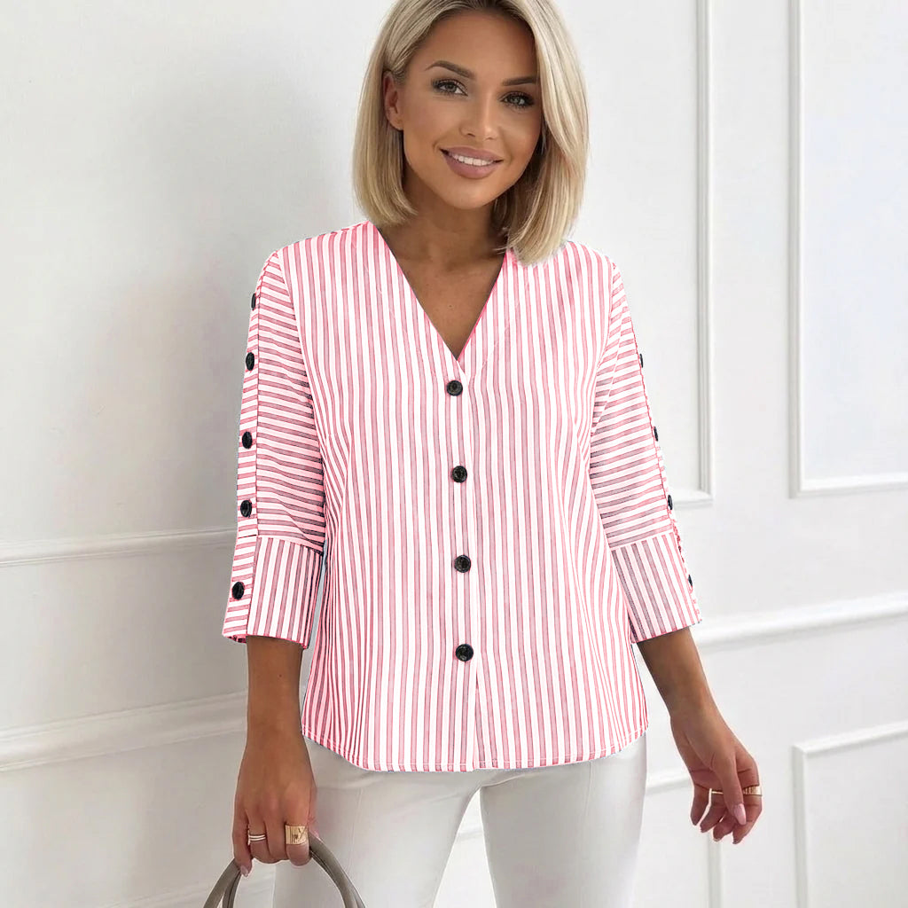 Eleesa | Button Sleeve Striped V-Neck Blouse