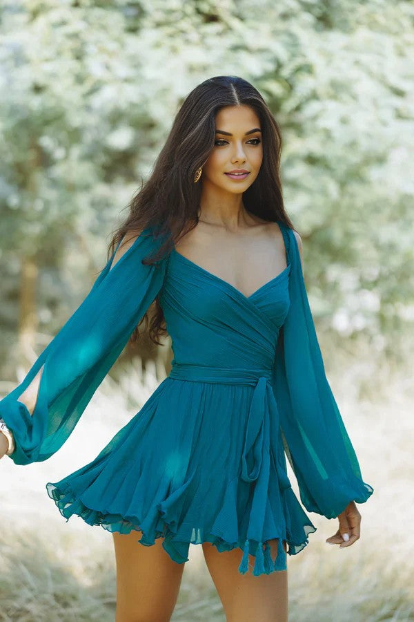 Janice | Mini Wrap V Neck Chiffon Dress
