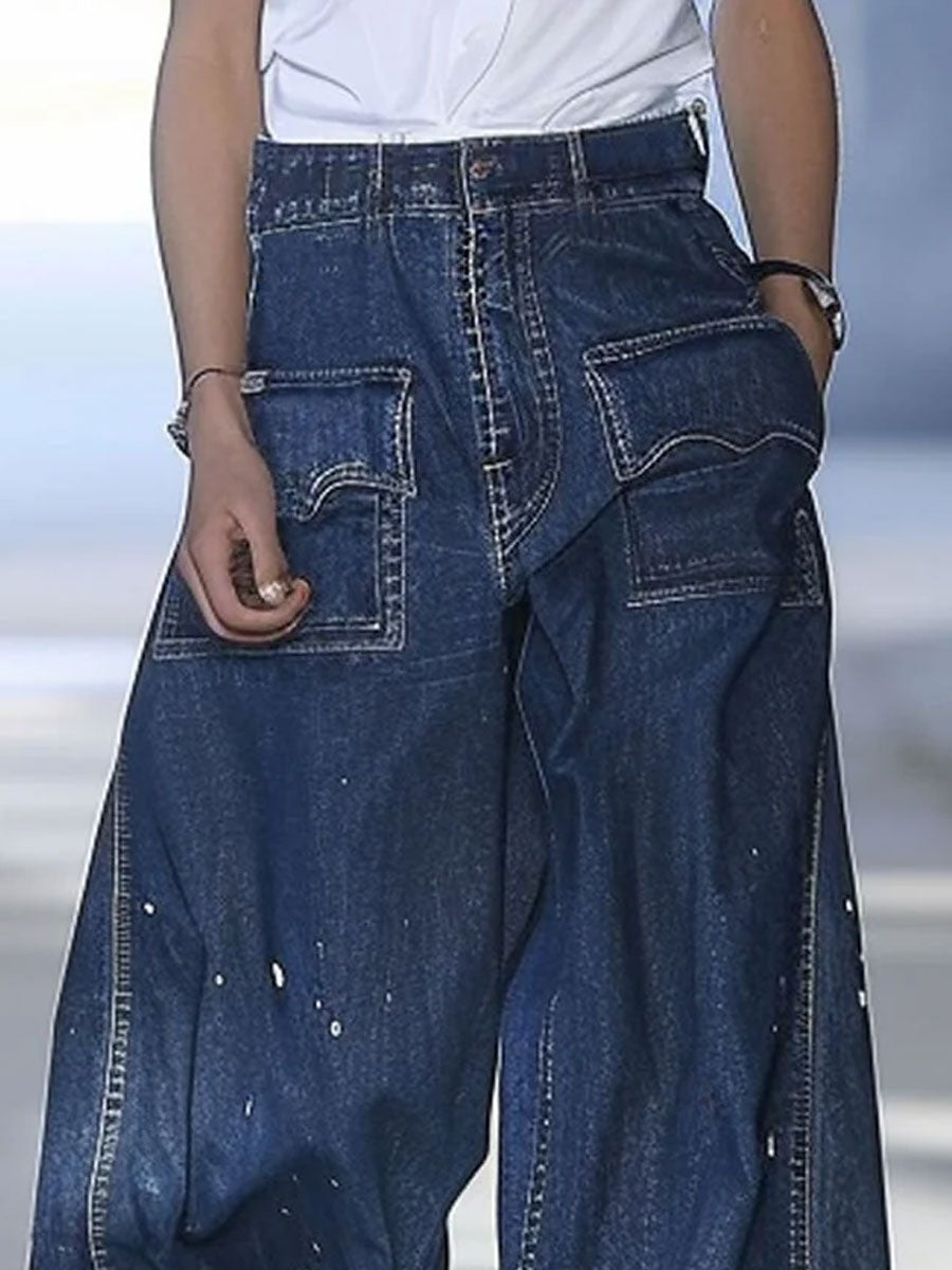 Azize | Dark Blue Wide Leg Denim Trousers