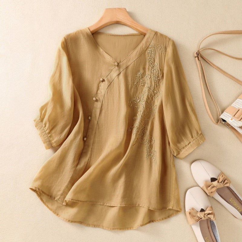 Loreen - Asymmetrical Button Tunic Embroidered Three Quarter Sleeve