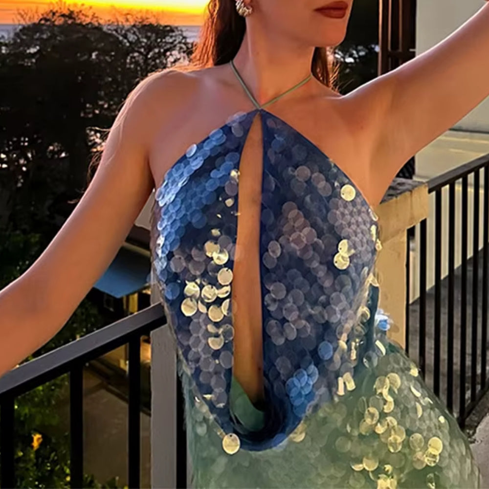 Baillie | Blue Halter Sequin Mini Dress