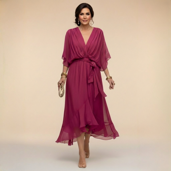 Harshani | Chiffon Wrap Midi Dress V Neck