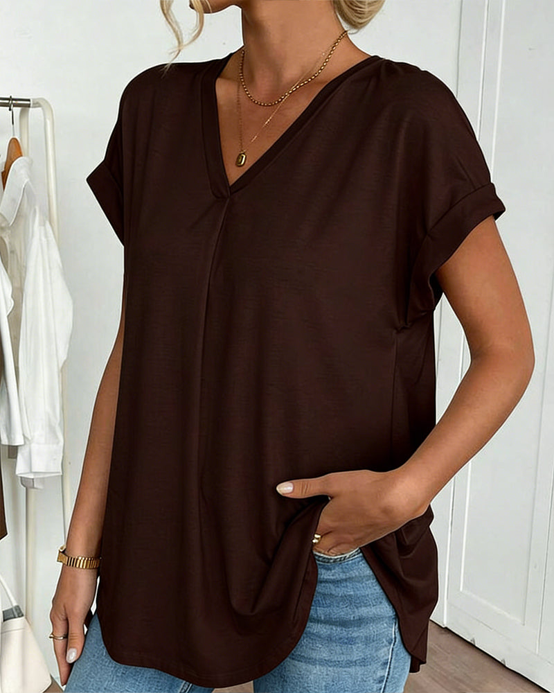 Liyanna - Patchwork V Neck Short Sleeve T Shirt