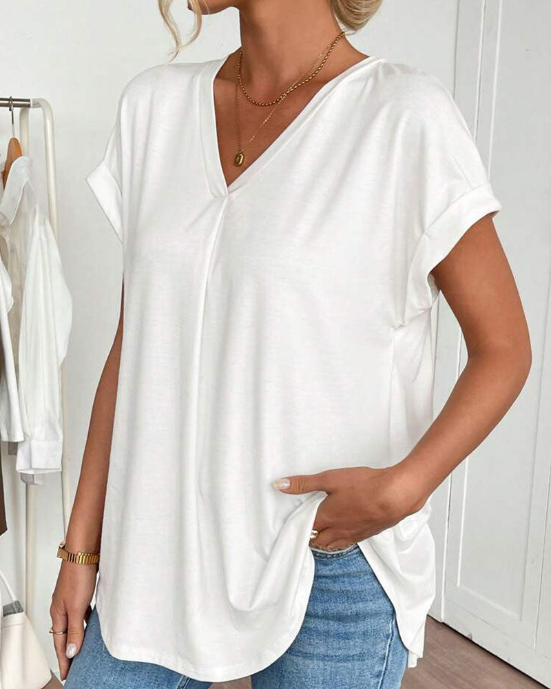 Liyanna - Patchwork V Neck Short Sleeve T Shirt