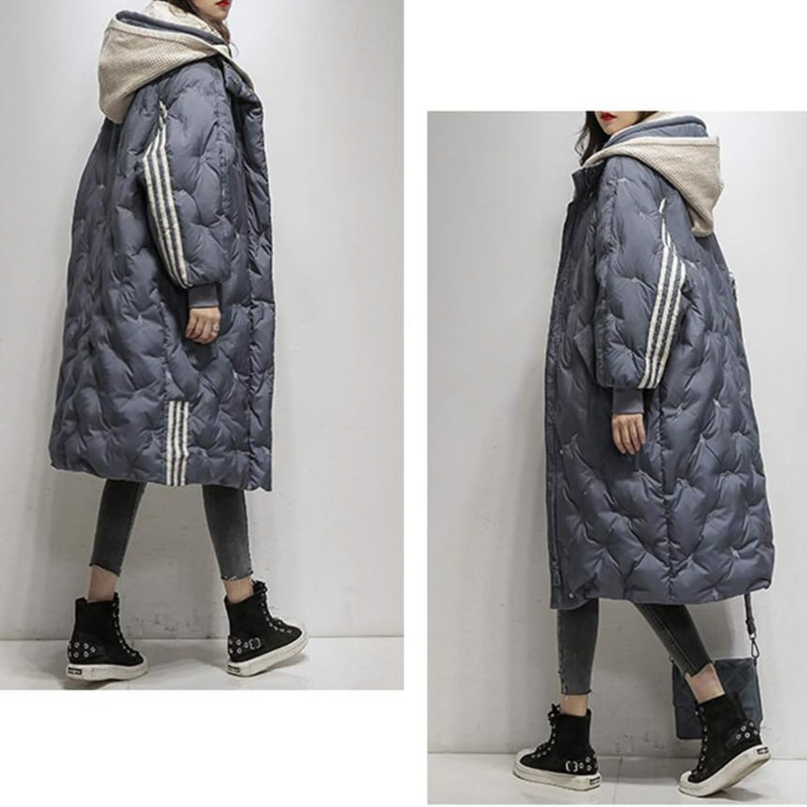 Lesley | Coat Quilted Hooded Longline with Striped Trim