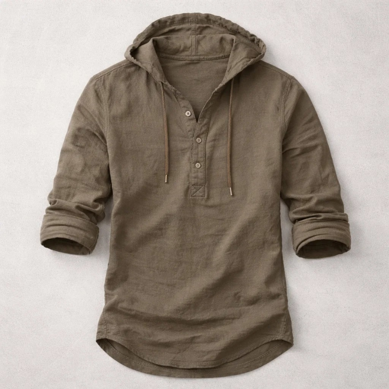 Refael | Hooded Long Sleeve Button Neck Shirt