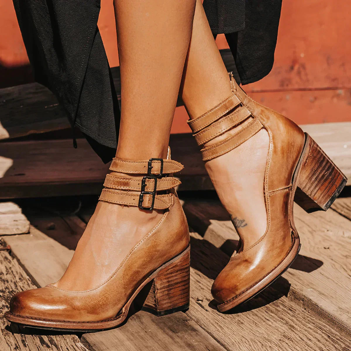 Steffie – Wooden Block Heel Strap Shoes