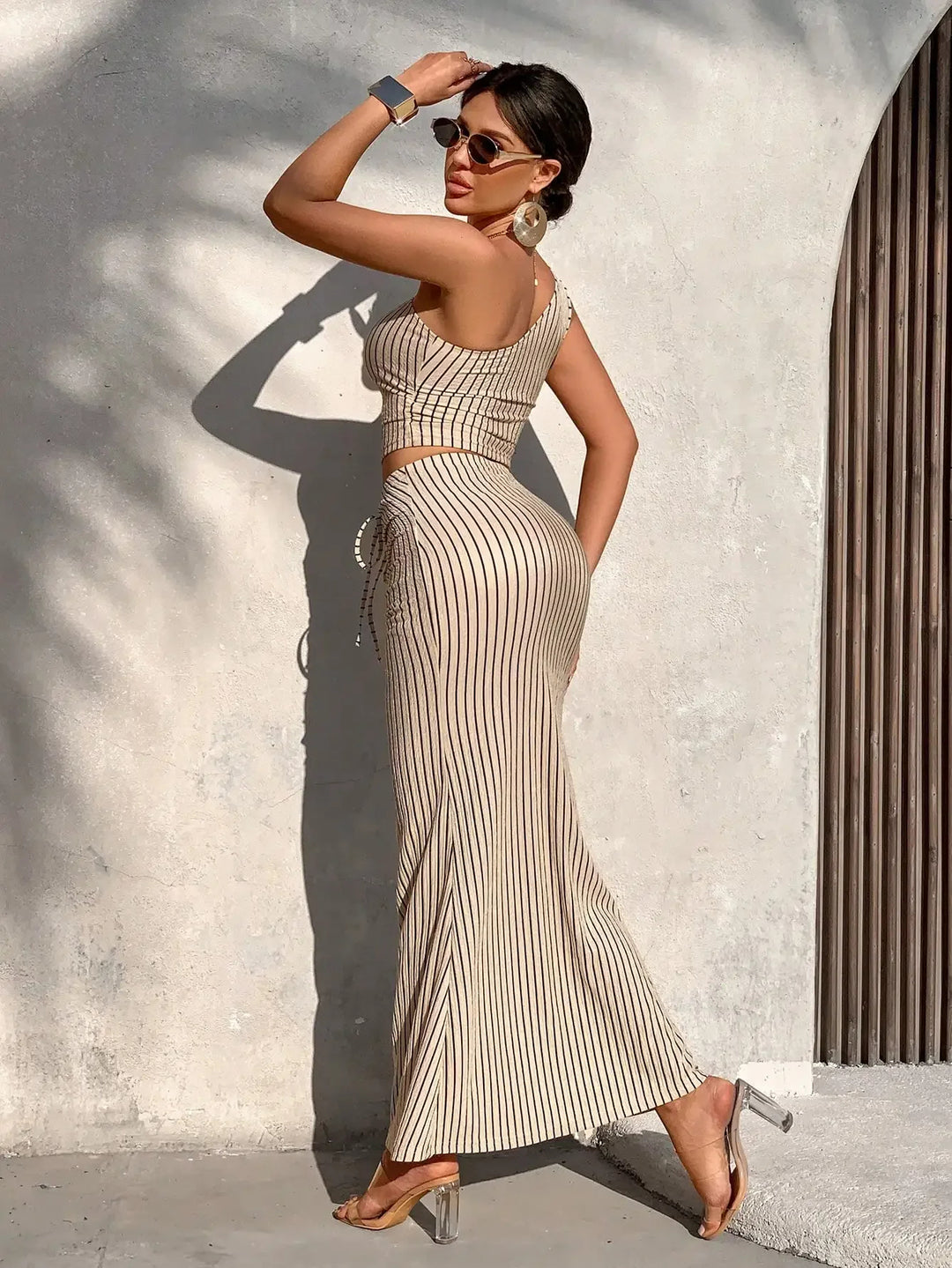 Shaiyla - Striped One Shoulder Top Skirt Set