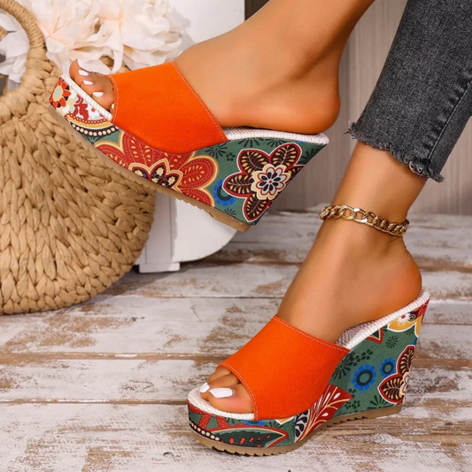 Laerke - Floral Print Wedge Slide Sandals