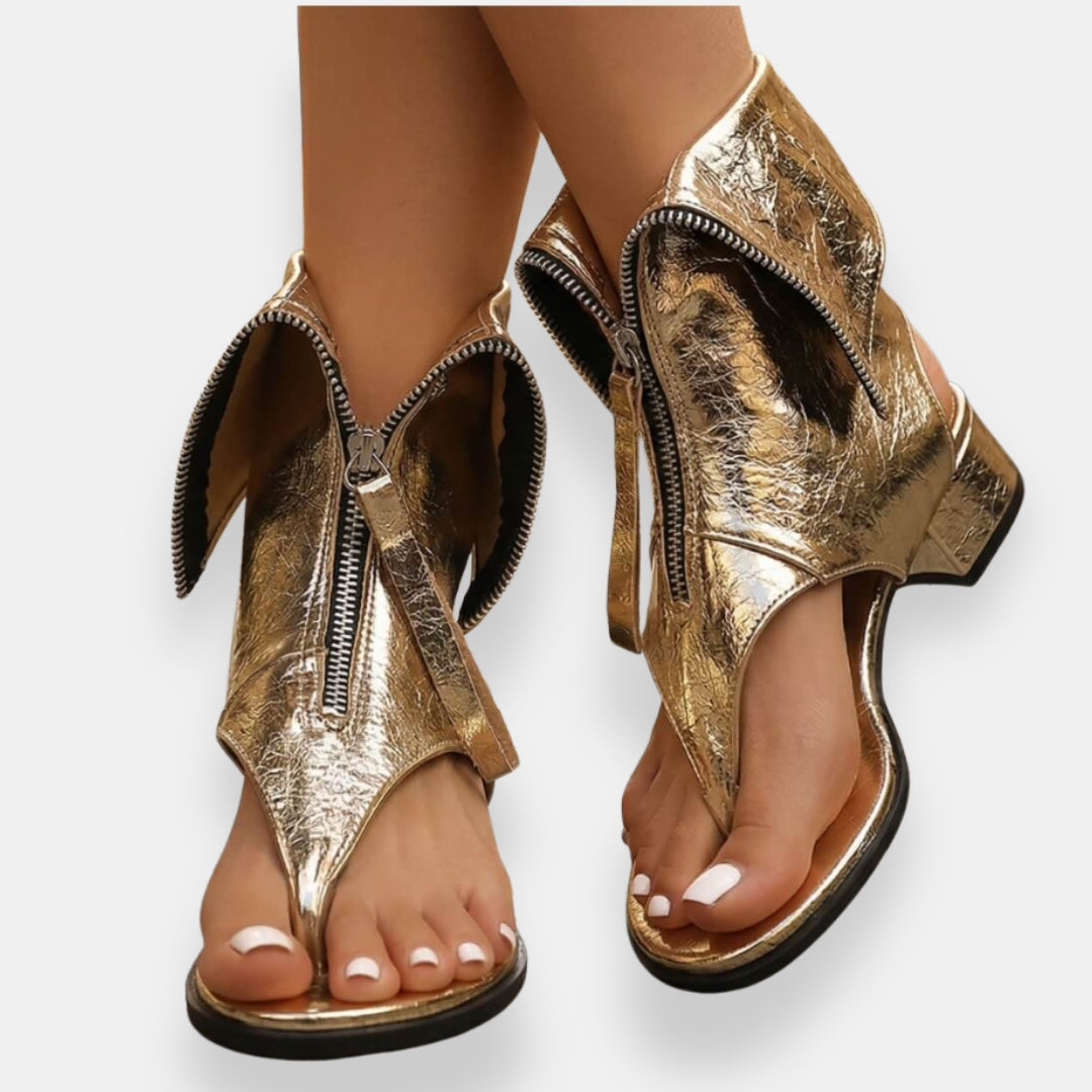 Sadiya | Metallic Zip Front Block Heel Sandals