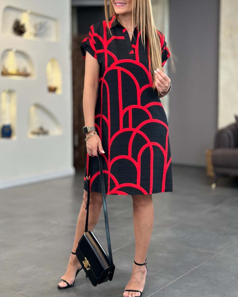 Veralia | Geometric Print Collar Neck Shift Dress