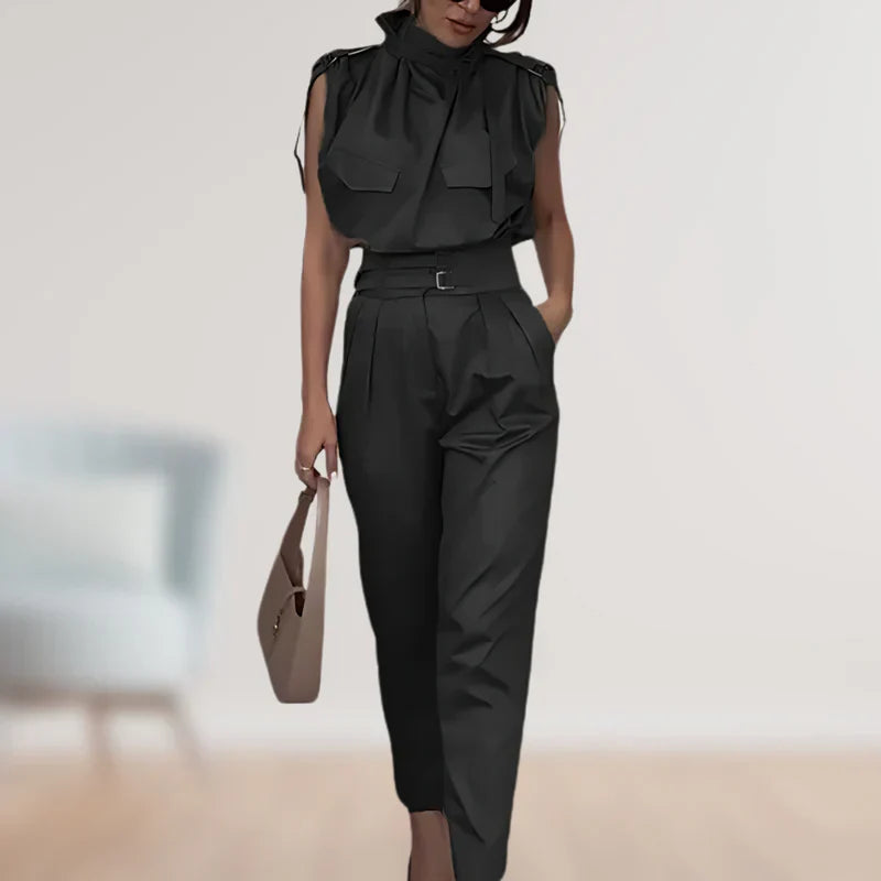 Reinhild | Sleeveless High Neck Belted Two Piece Set