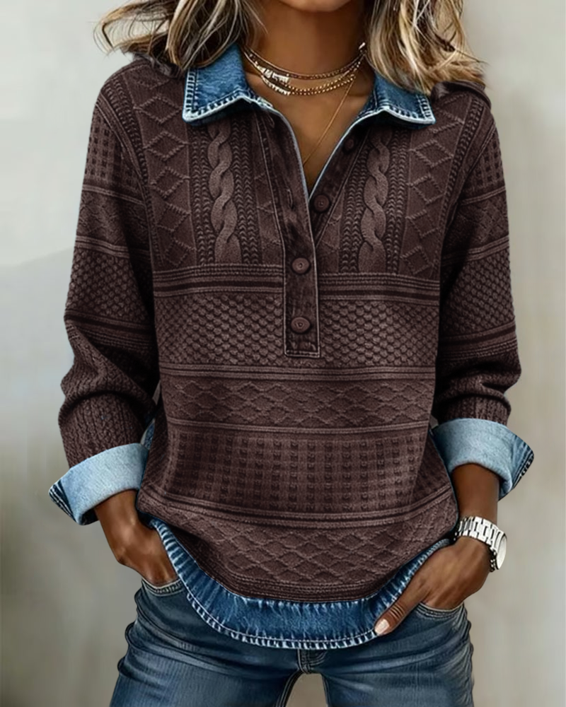 Melkorka | Textured Half Button Collared Sweatshirt