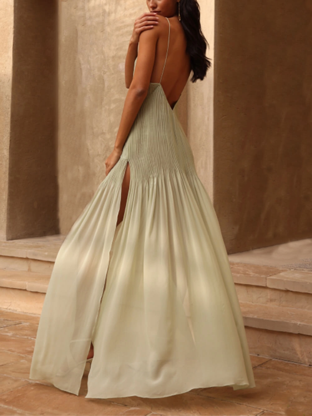 Mária | Sage Green Pleated V-Neck Maxi Dress