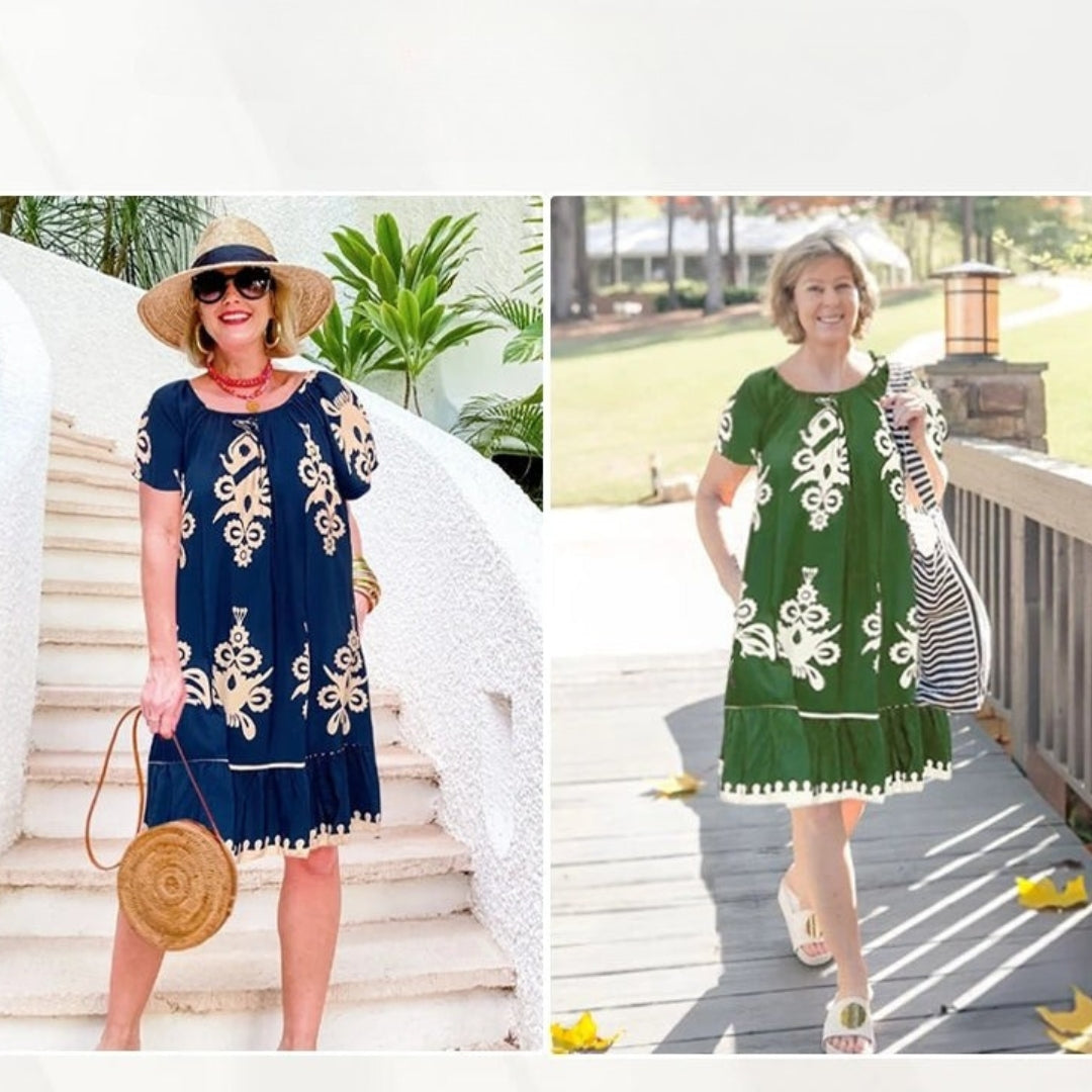 Gulfiya - Embroidered Print Round Neck Midi Dress