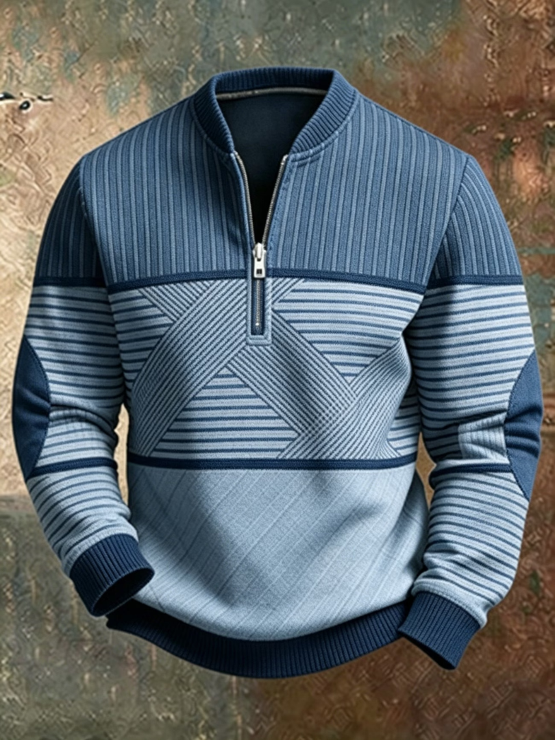 Theous | Long Sleeve Striped Jumper with Half Zip
