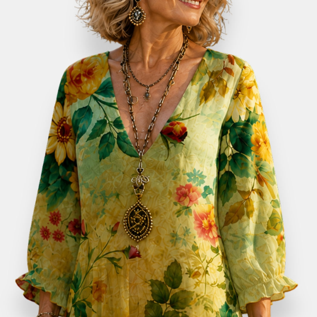 Emila | Dress Floral V-Neck Three-Quarter Sleeve Maxi