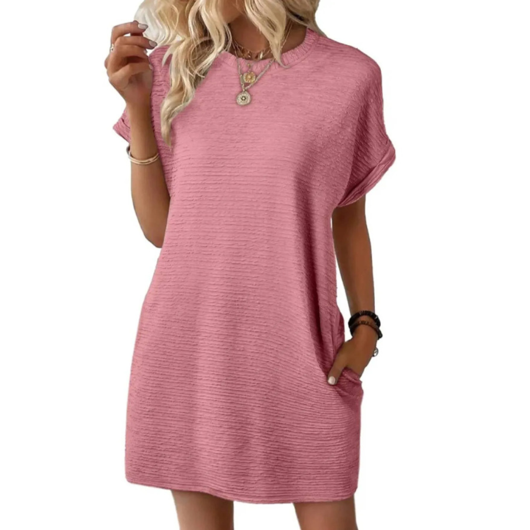 Elviaa - Short Sleeve Textured Pocket Mini Dress