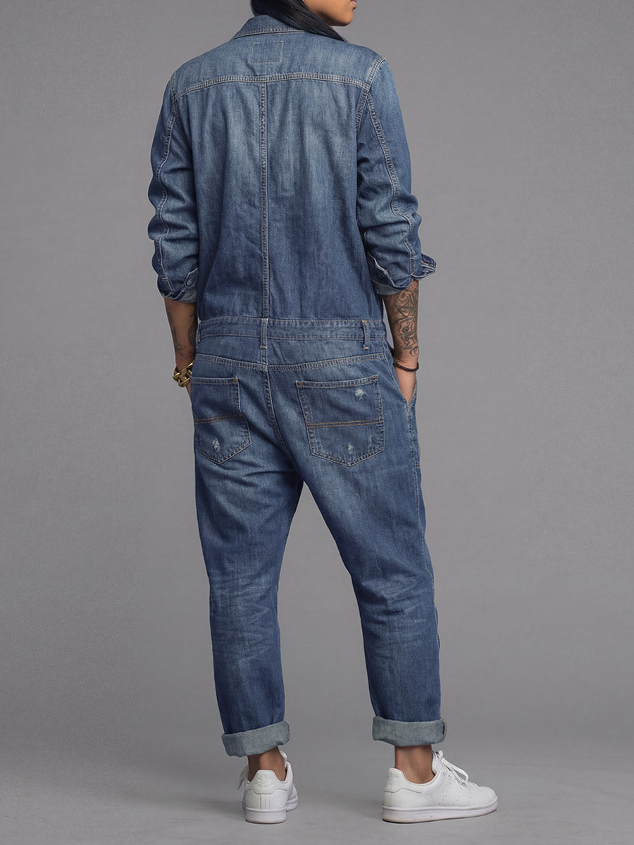 Ravina - Button Front Utility Denim Style Jumpsuit