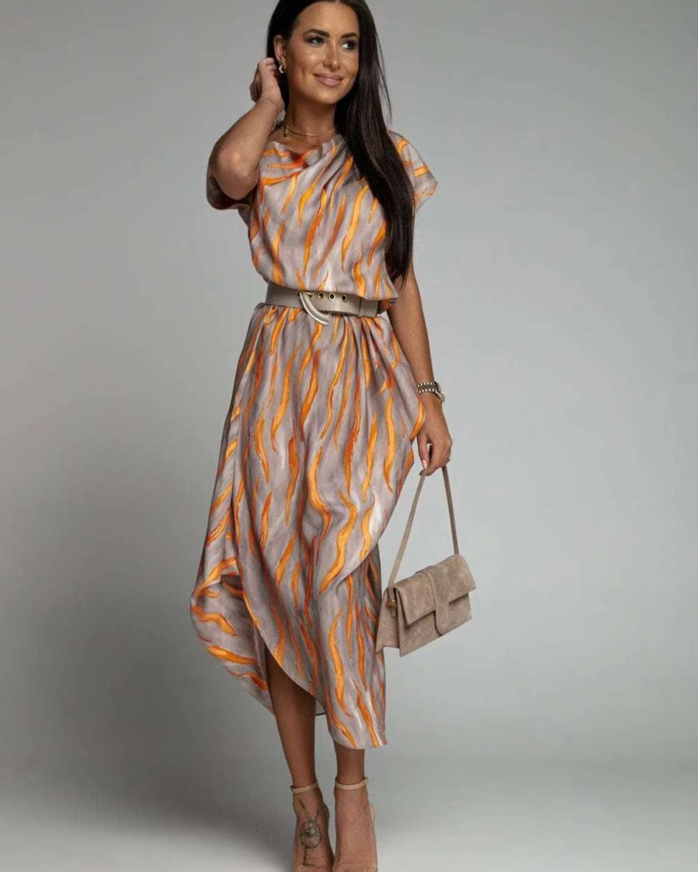 Angie - Asymmetric Printed Midi Dress With Belt