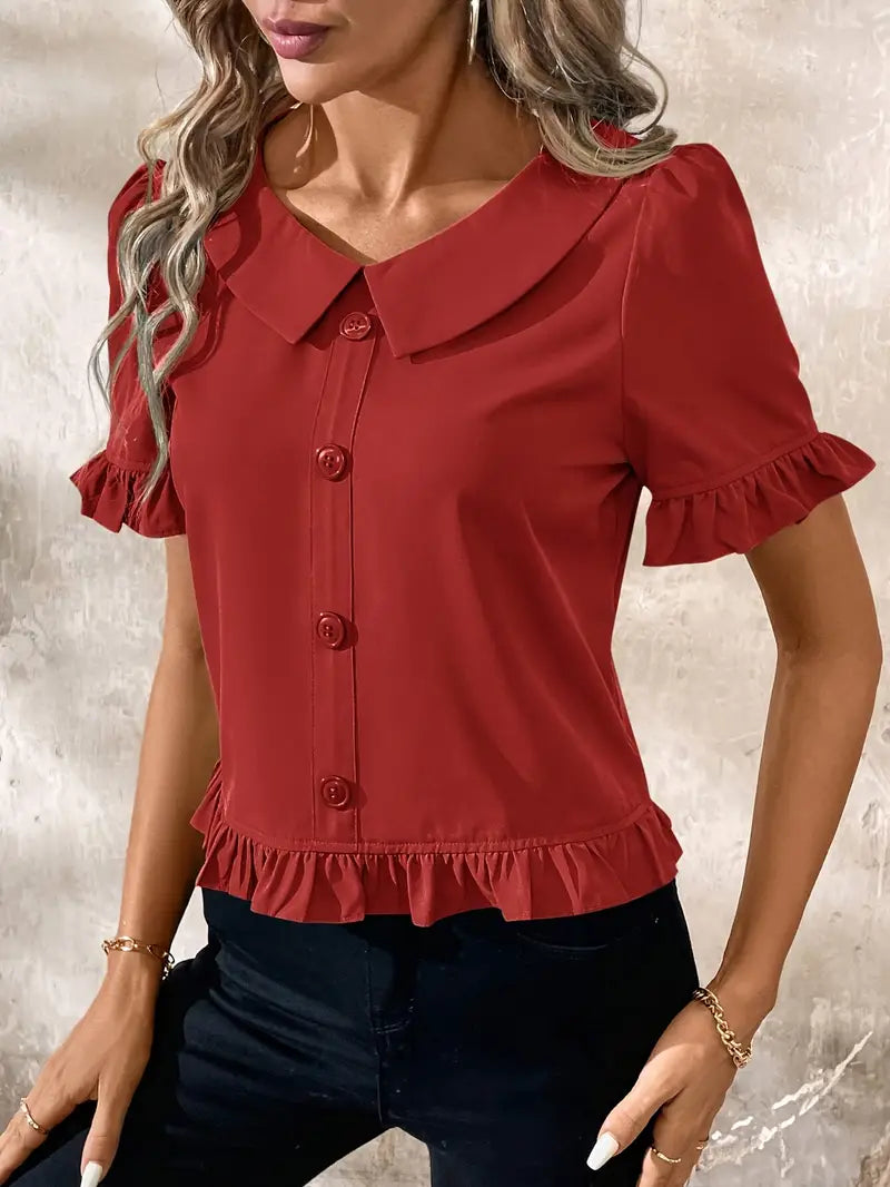 Foteini - Short Sleeve Ruffle Hem Button Blouse