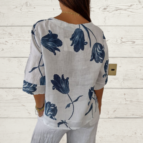 Despoina | Floral Linen V-Neck Button Blouse