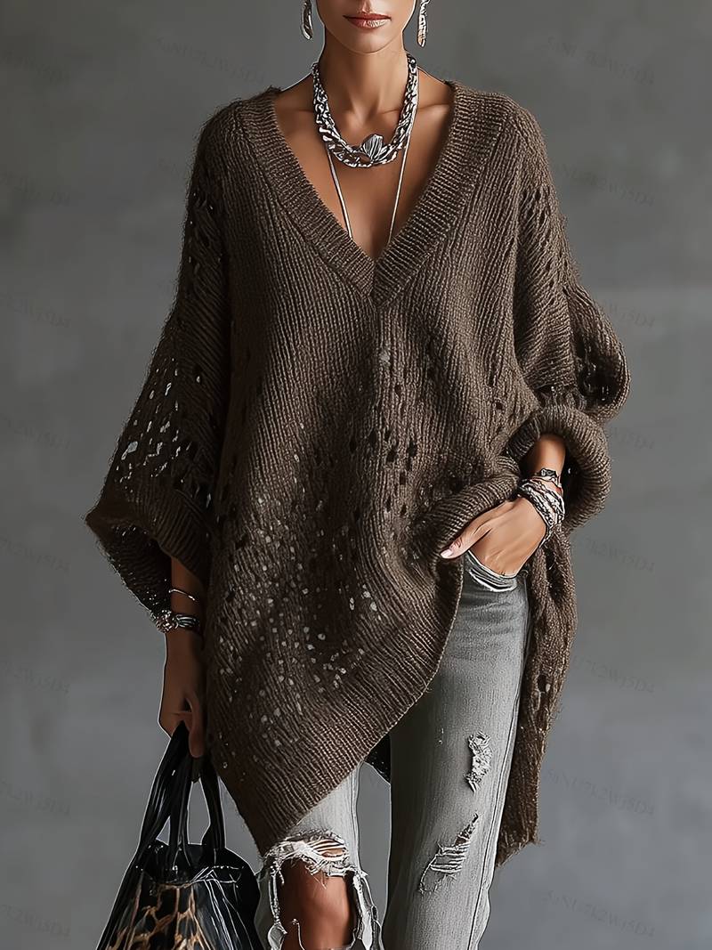 Bimashi | V Neck Oversized Knitted Poncho Sweater