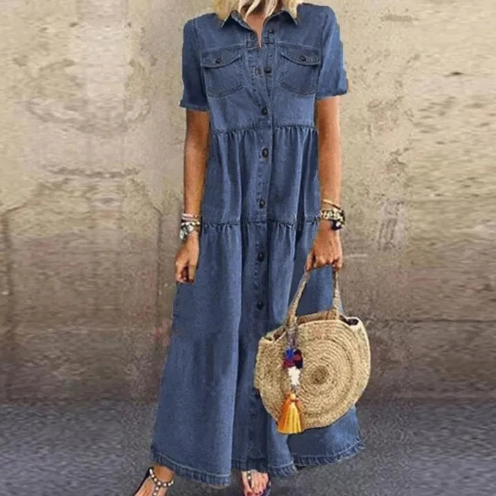 Gudelia | Denim Style Tiered Button Dress