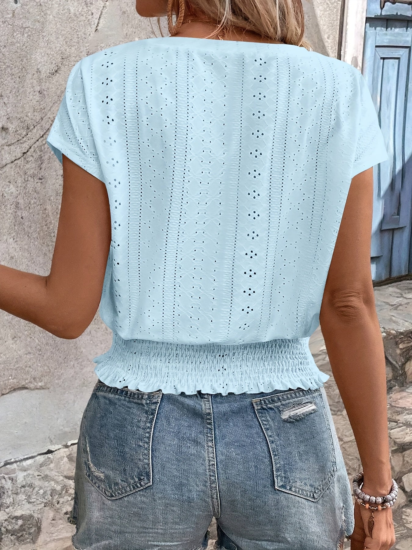 Delores - Batwing Sleeve V Neck Smocked Blouse