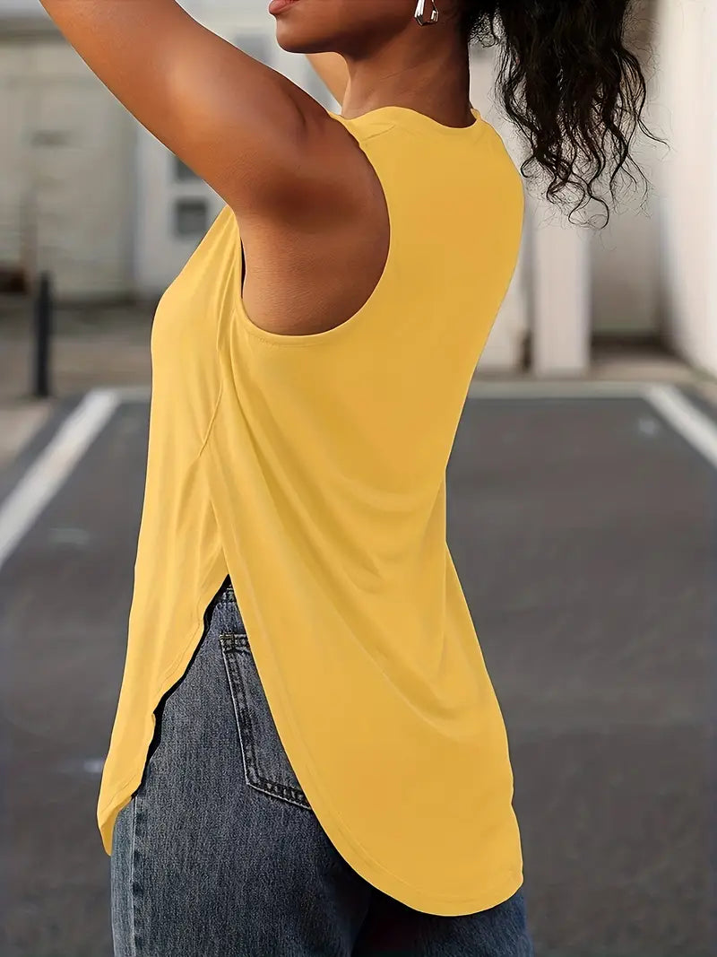 Desirae | Sleeveless Round Neck Curved Hem Top