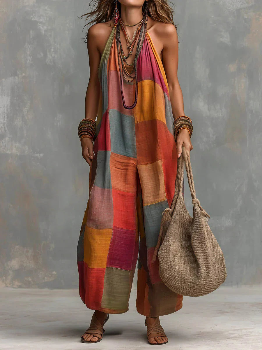 Meriny | Patchwork Print Halter Wide Leg Jumpsuit