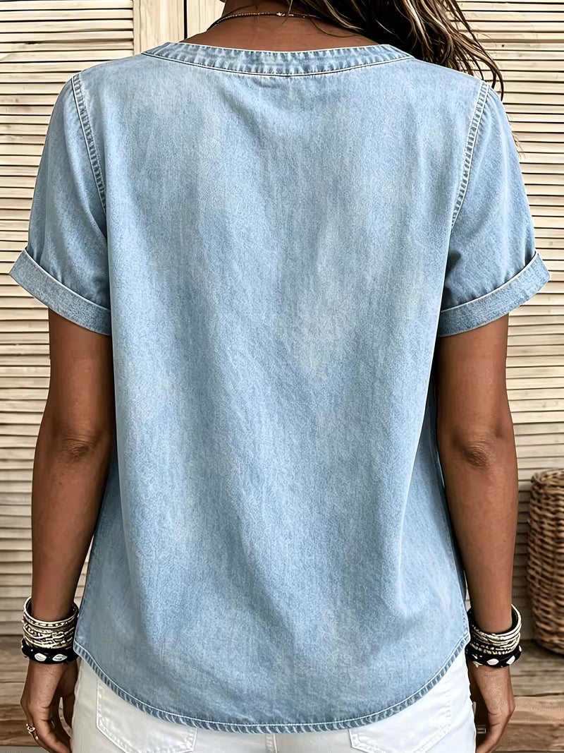 Ferina | Denim Style Short Sleeve Button Top