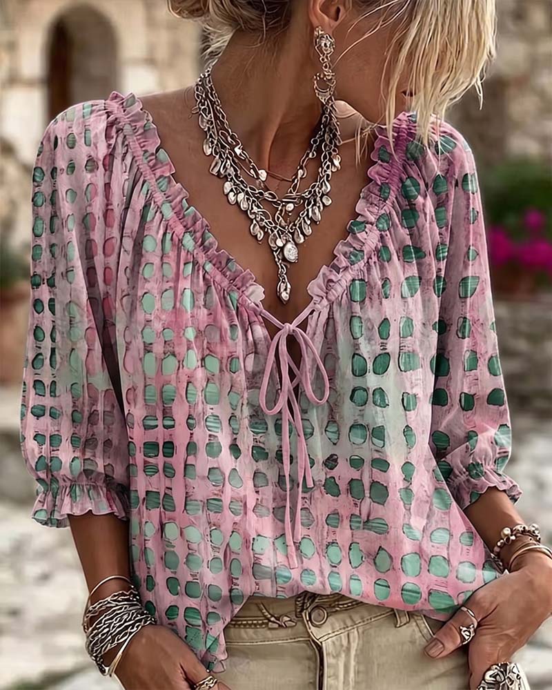 Kesney | V Neck Tie Front Printed Blouse