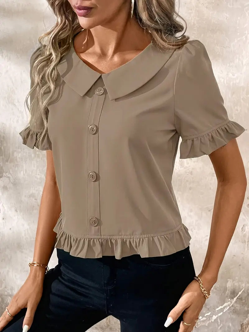 Foteini - Short Sleeve Ruffle Hem Button Blouse