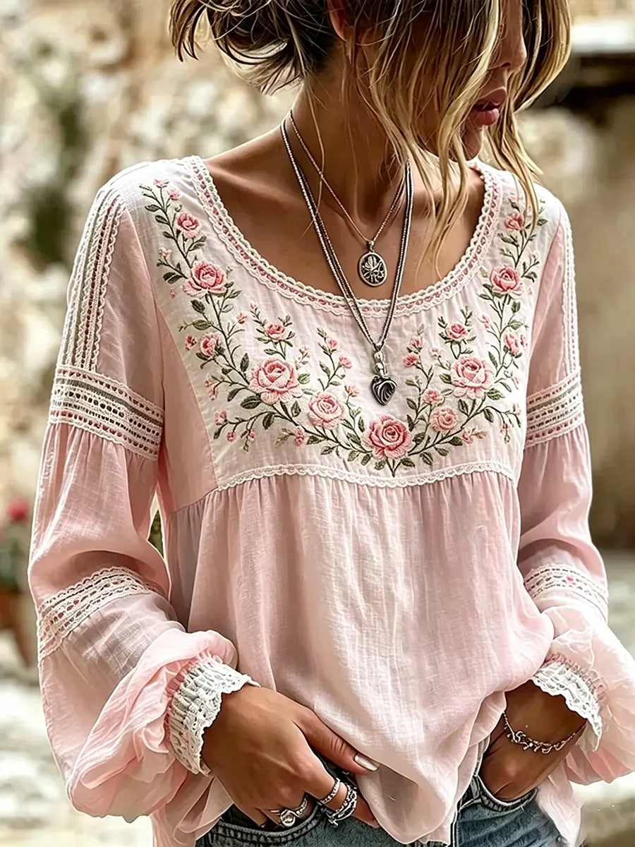 Esraa | Floral Embroidered Lace Trim Blouse