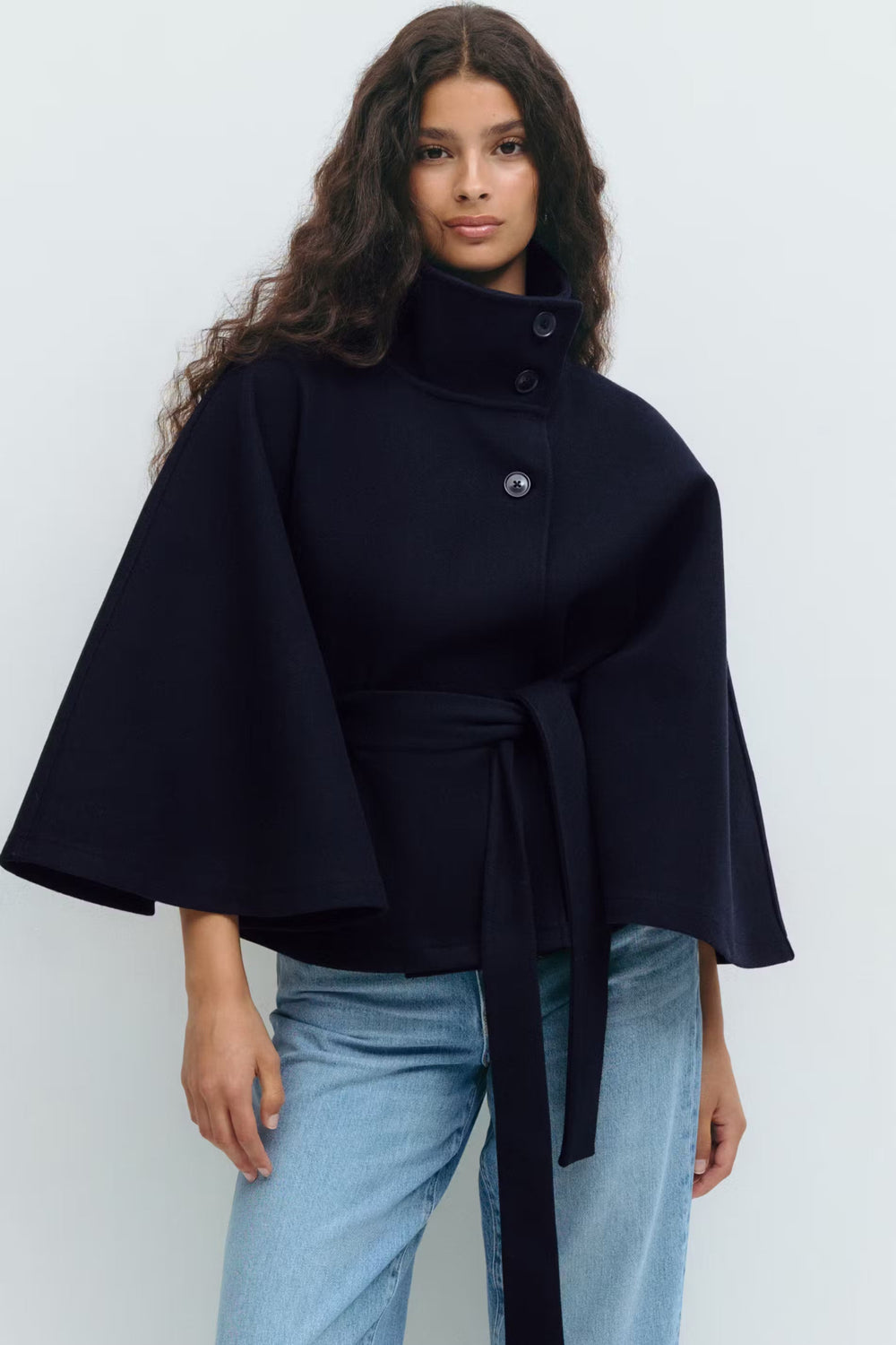 Ankica | Belted Cape Coat High Collar Button Front