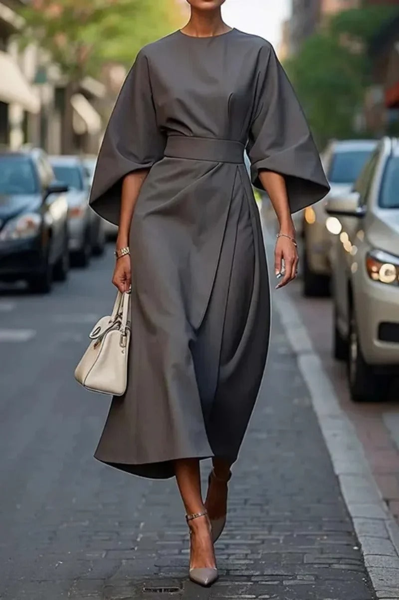 Rita | Belted Batwing Sleeve Midi Dress