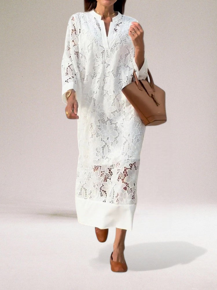 Hafenaa | Lace Midi Dress White Loose Fit