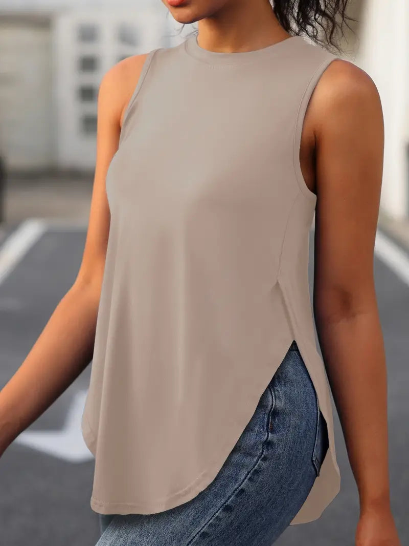 Desirae | Sleeveless Round Neck Curved Hem Top