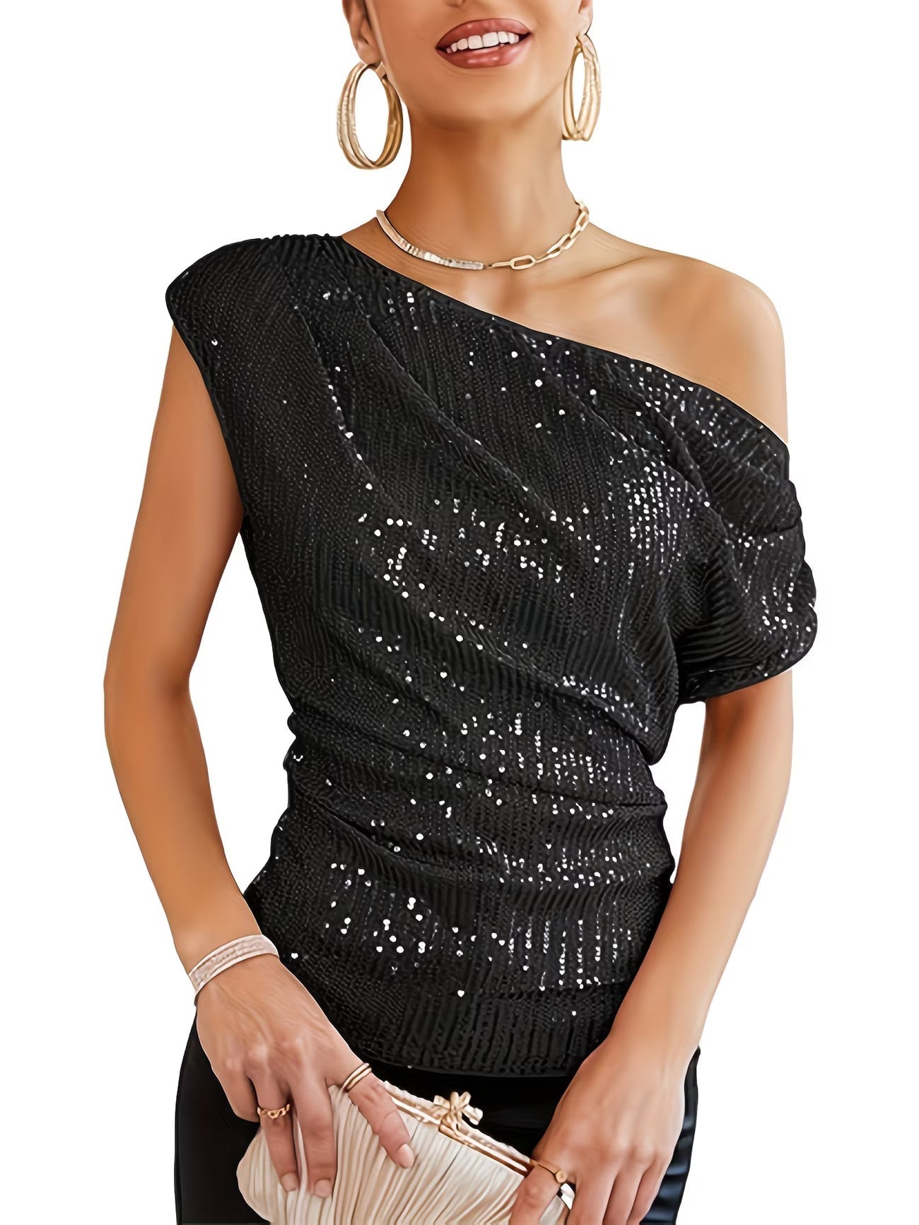 Jhasel | Sequin One Shoulder Ruched Blouse