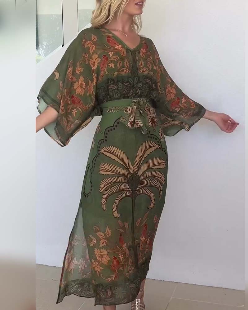 Brini | Olive Floral Print Kimono Sleeve Dress